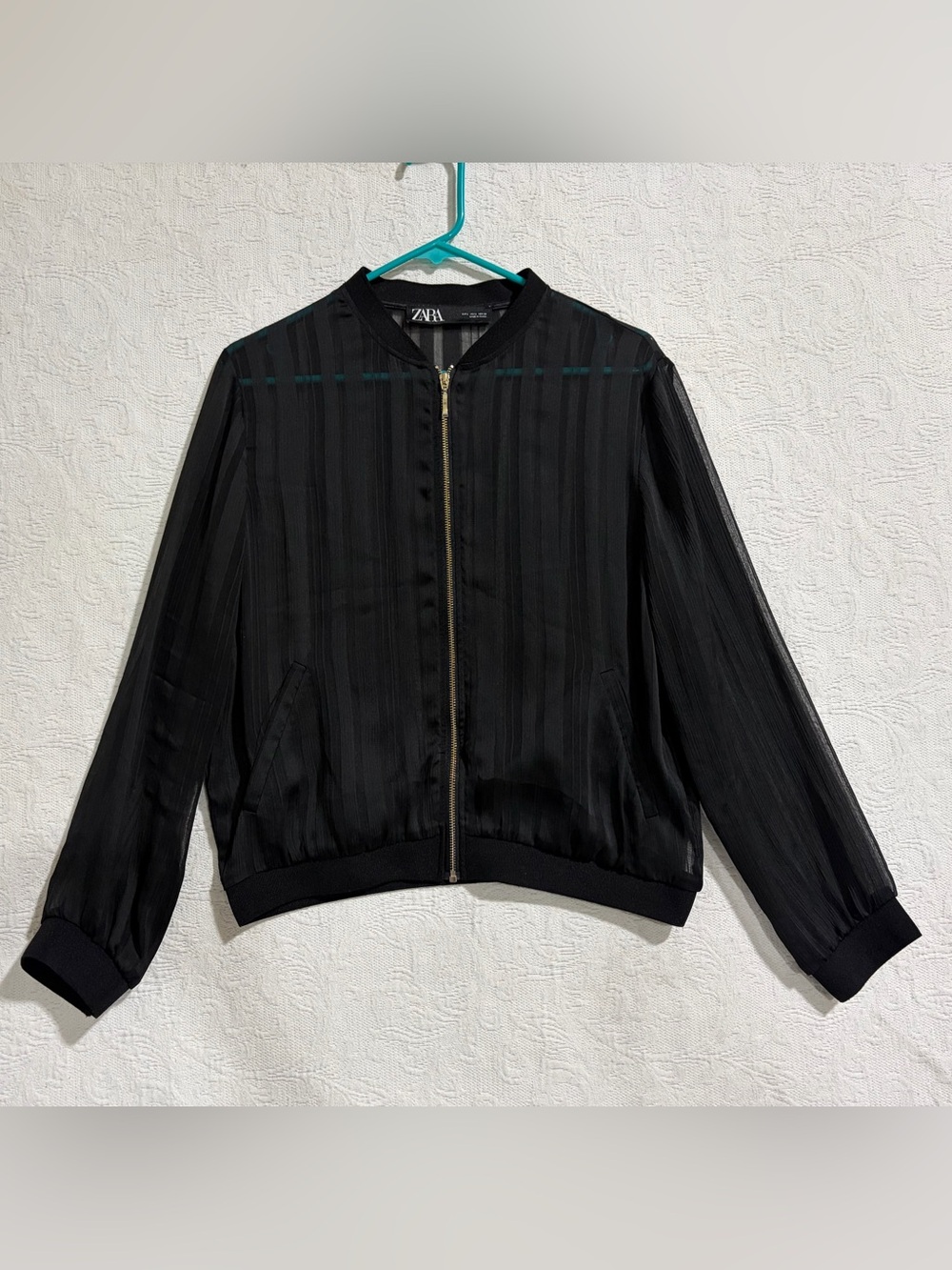 ZARA Black Sheer Stripe Bomber Jacket with Gold Zip
